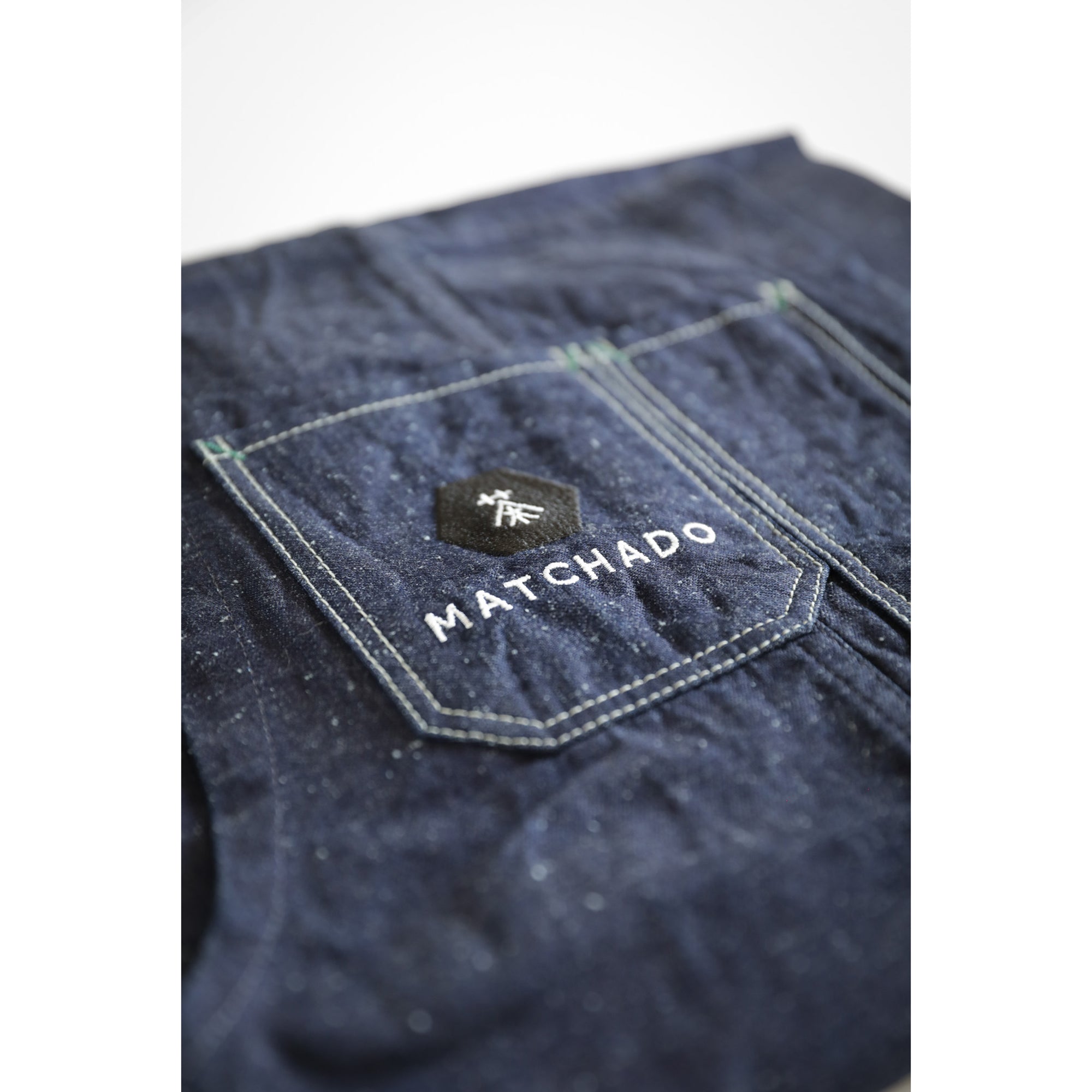 MATCHADO Japanese Denim Apron - Handmade in Okayama - Durable & Timeless Fade. Close up