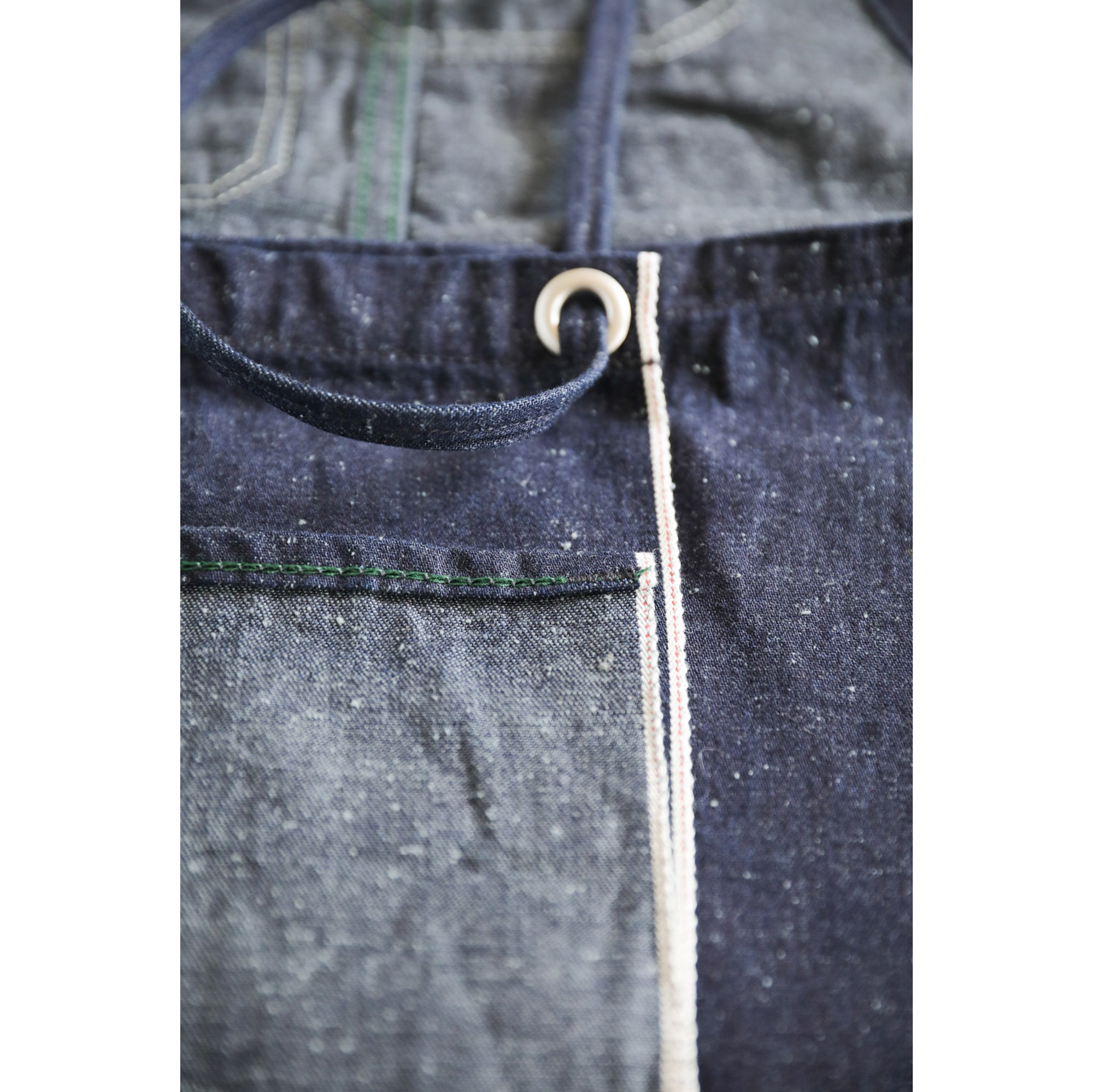 MATCHADO Japanese Denim Apron - Handmade in Okayama - Durable & Timeless Fade. Close up