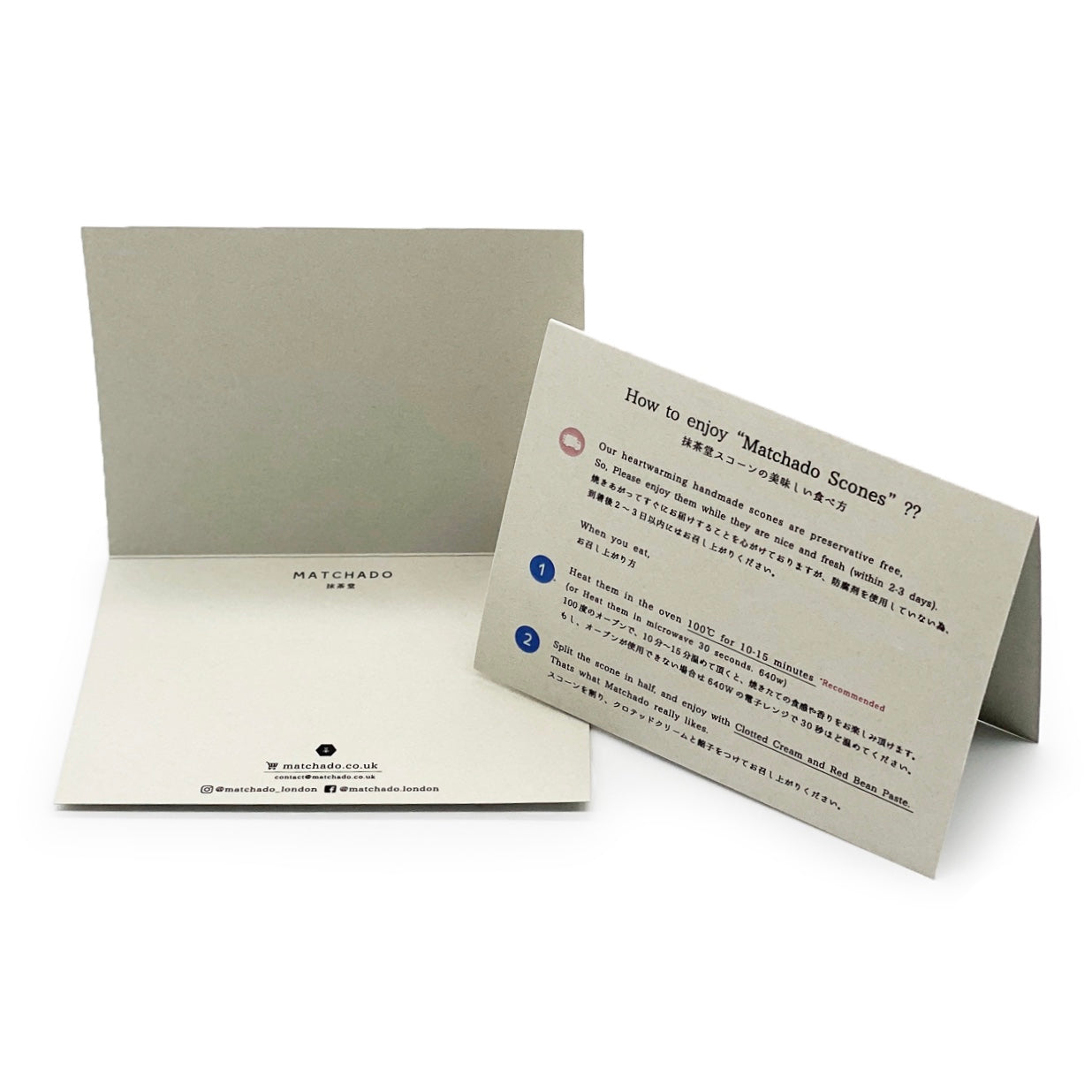 MATCHADO Vegan Sweets Box - Plant-Based Matcha & Hojicha Treats . Two folded paper cards with text and branding on a white background