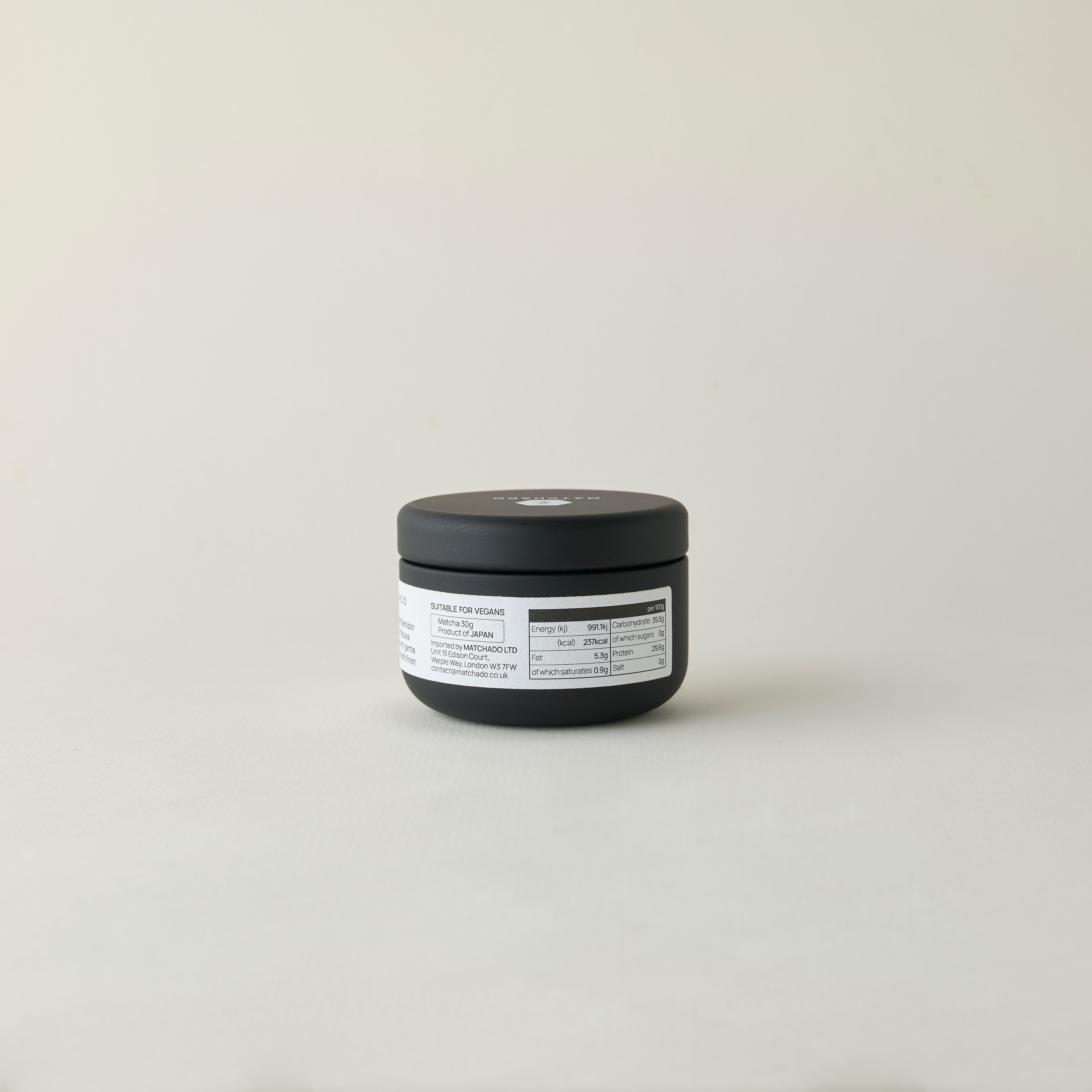 MATCHADO Kyoto Samidori Unsweetened Matcha (NEW) - Single Origin - Refined Aftertaste & Balanced Aroma. Black jar with a label on a light gray background