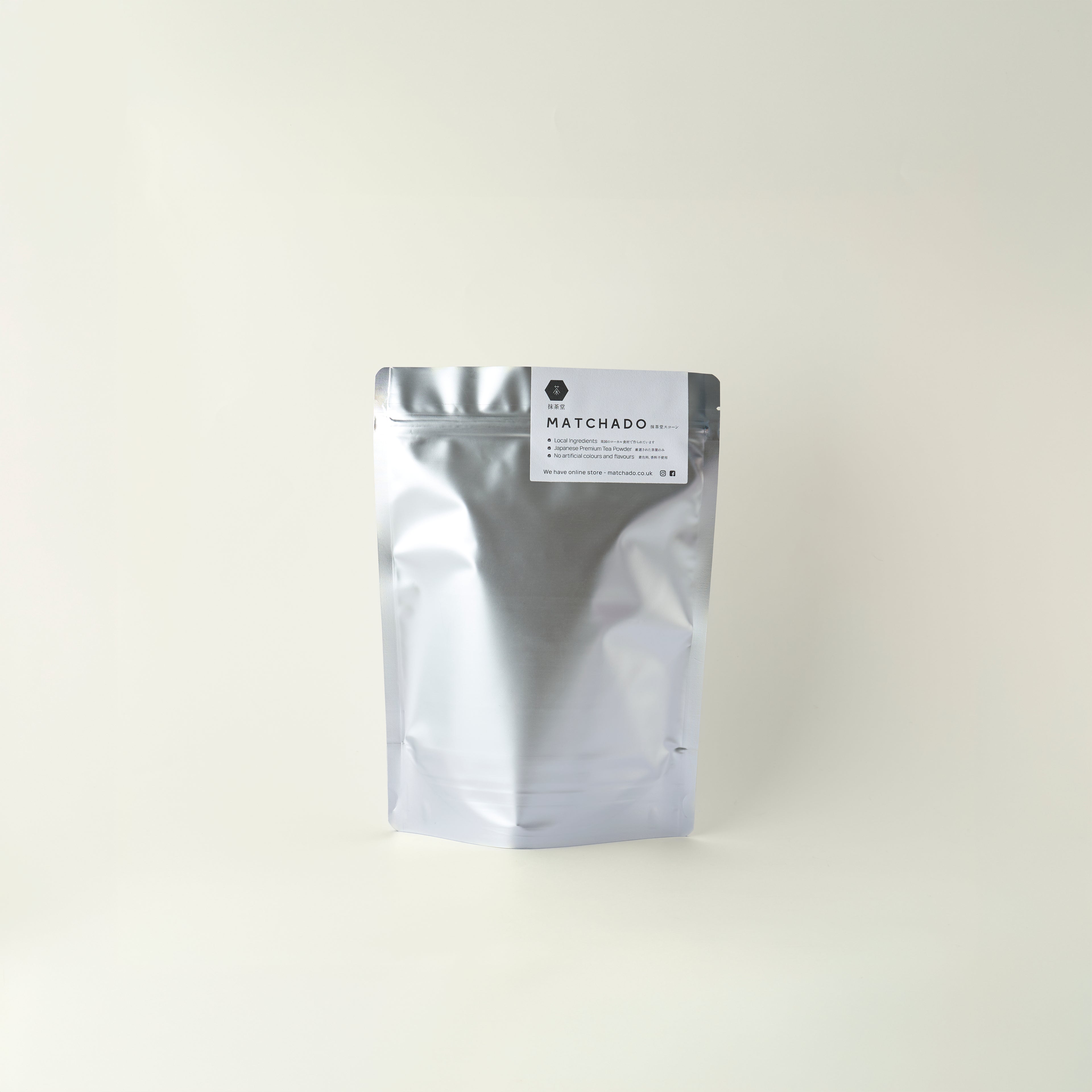 MATCHADO silver foil packaging with a label on a white background