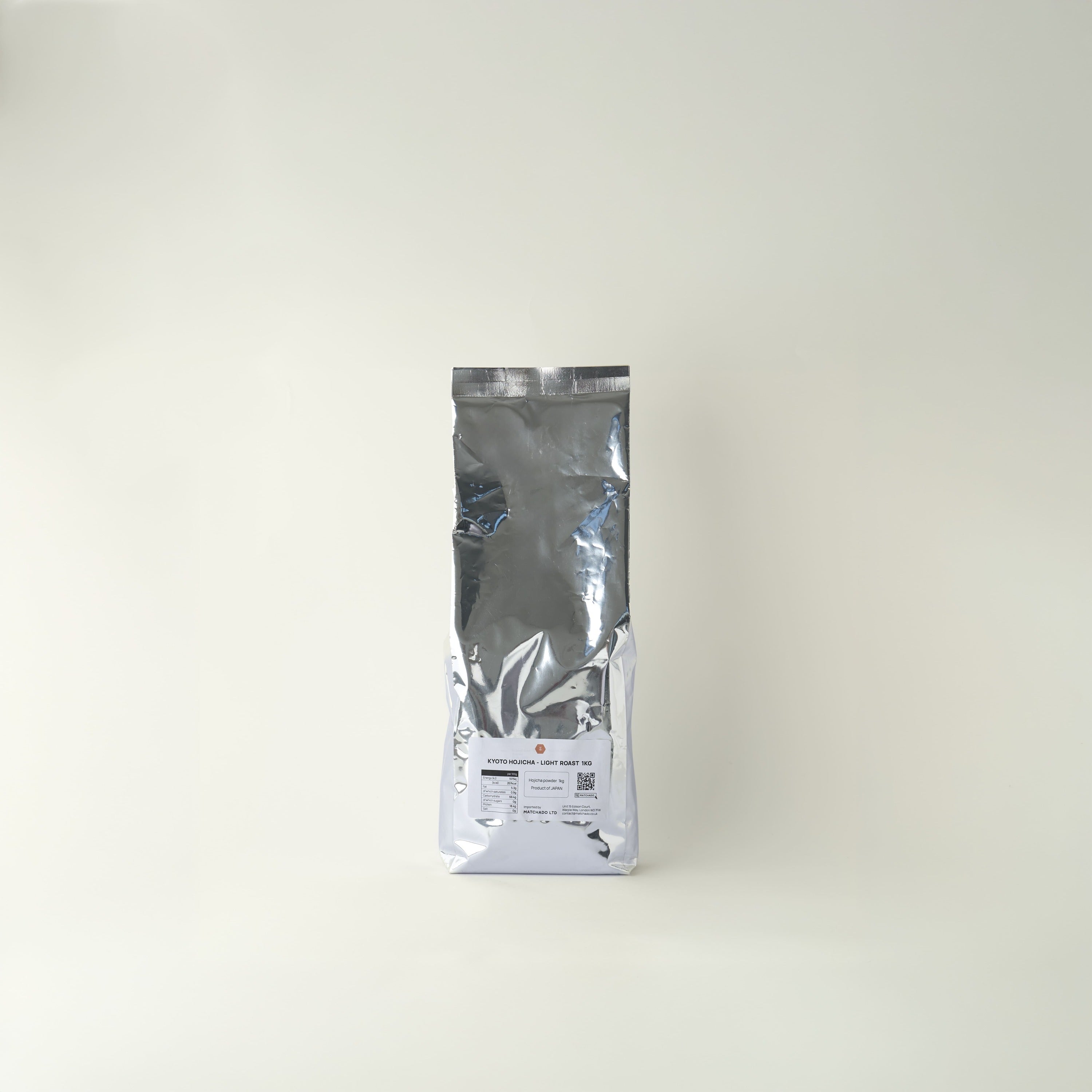 MATCHADO Kyoto Ichibancha Hojicha - First Flush Light Roast (Wholesale). Silver metallic packaging on a white background. 1kg