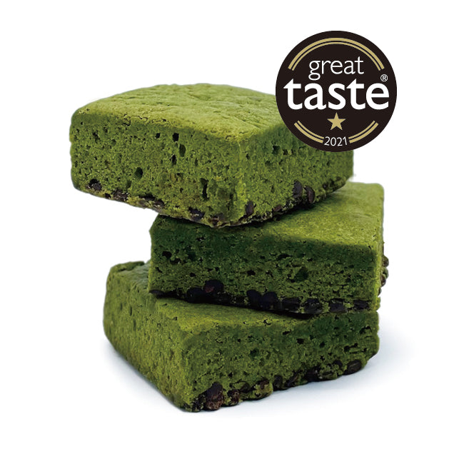 MATCHADO Gluten-Free Matcha Brownie - Dark Chocolate - Great Taste Award Winner. Stack of three gluten-free dark chocolate matcha brownies with a Great Taste 2021 award seal in the top right corner.