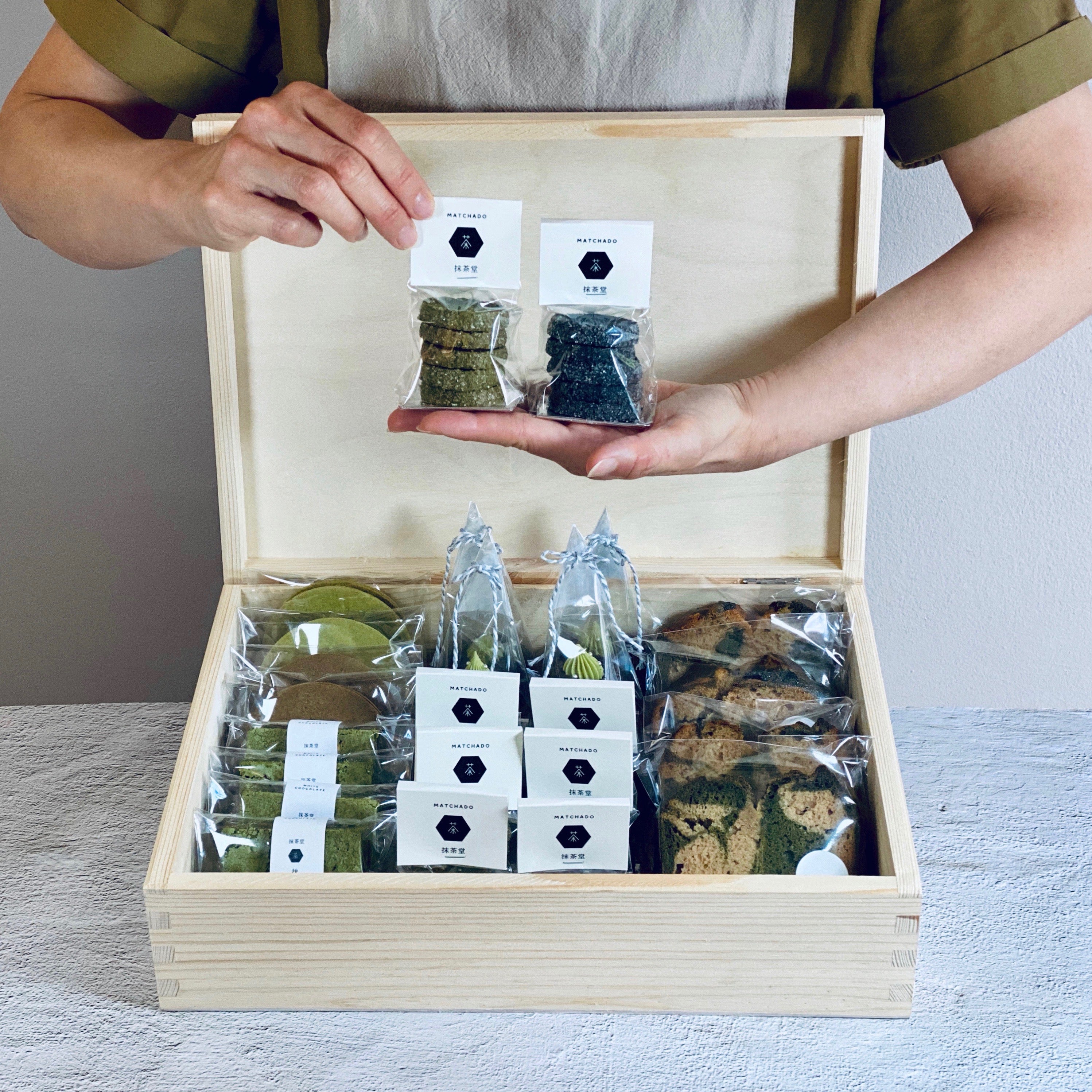 MATCHADO matcha Handcrafted Japanese Shortbread Biscuits and a gift set.