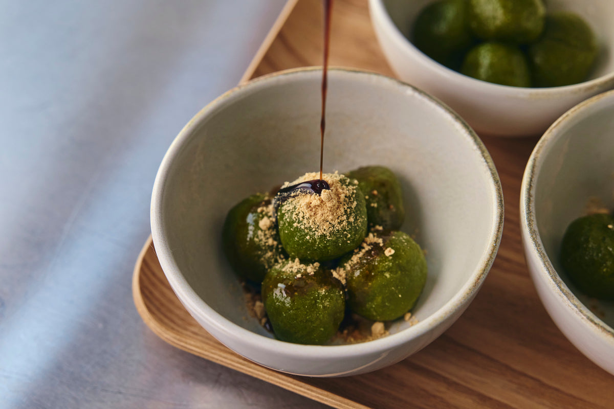 MATCHADO Matcha Tofu Mochi Balls with Kuromitsu (Brown Sugar Syrup)