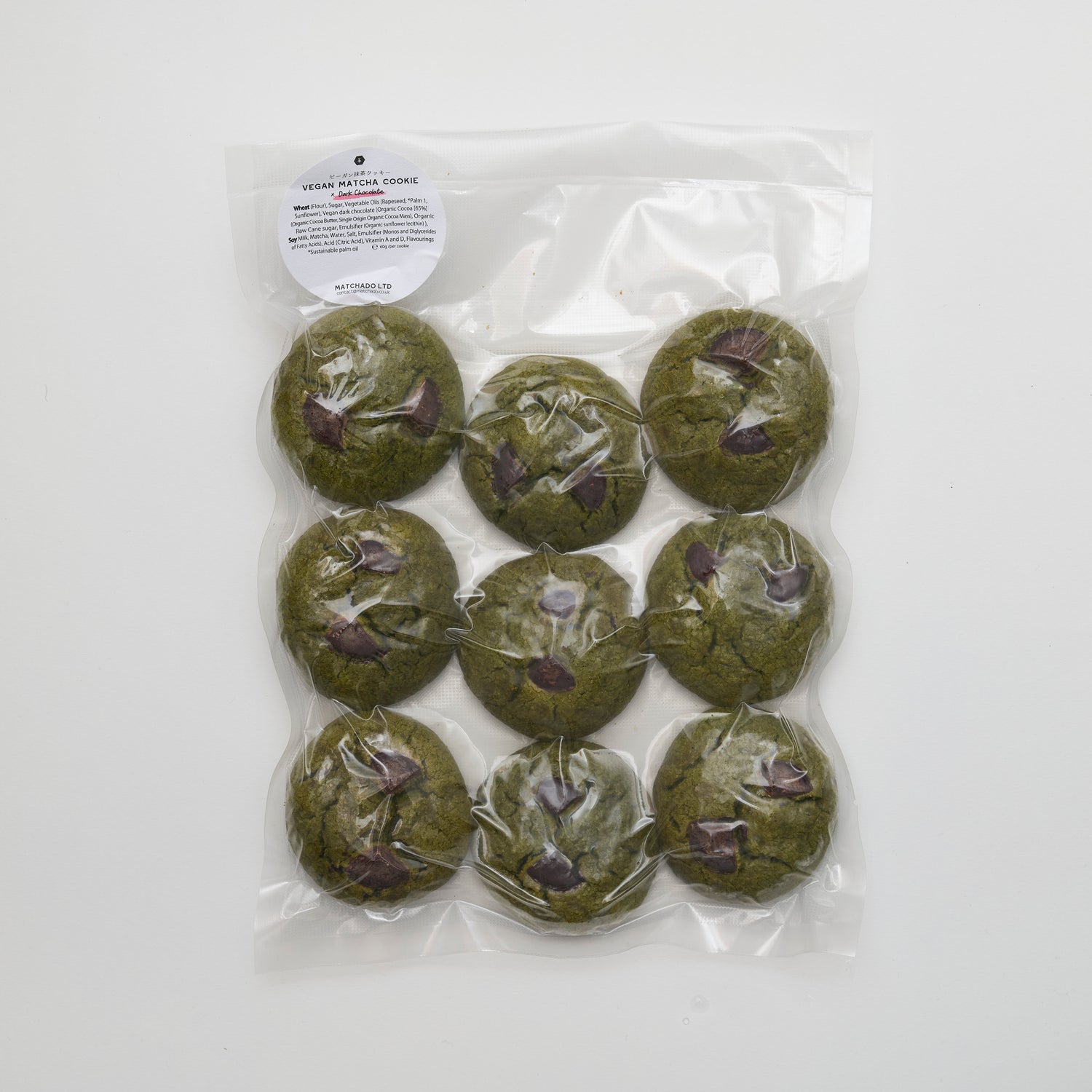 MATCHADO Vegan Matcha Dark Chocolate Cookie (Wholesale) | 9 pcs per Pack. Pack of matcha cookies with a clear plastic wrap on a white background