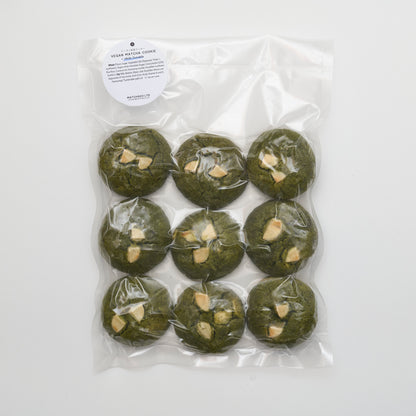 Packaged matcha cookies with a visible brand label on a white background. MATCHADO Vegan Matcha x White Chocolate Cookie (Wholesale) | 9 pcs per Pack 