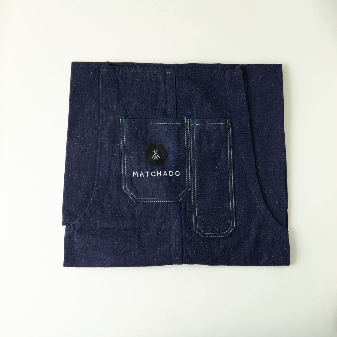 MATCHADO Japanese Denim Apron - Handmade in Okayama - Durable &amp; Timeless Fade. Folded denim fabric with &