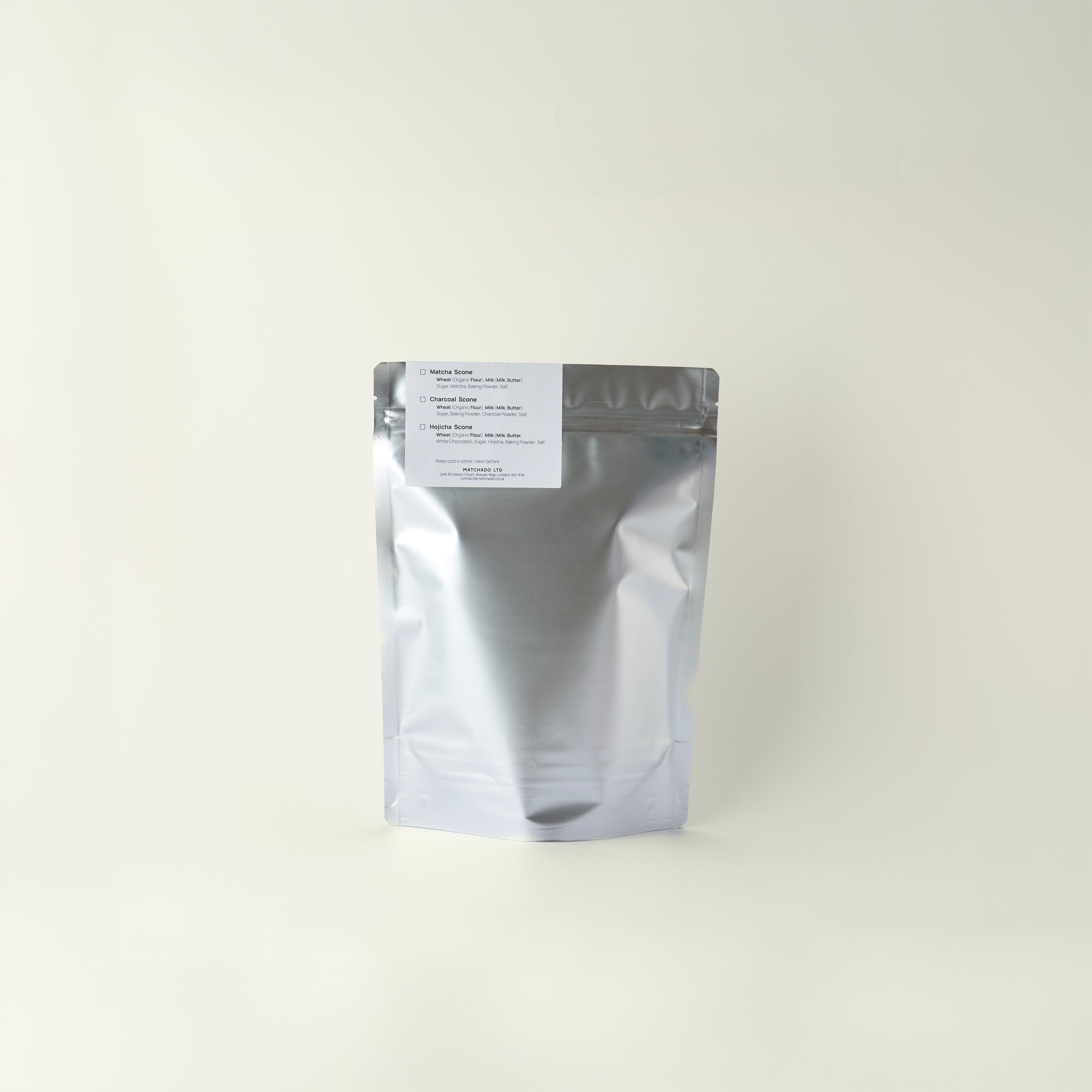 MATCHADO silver foil packaging with a label on a white background