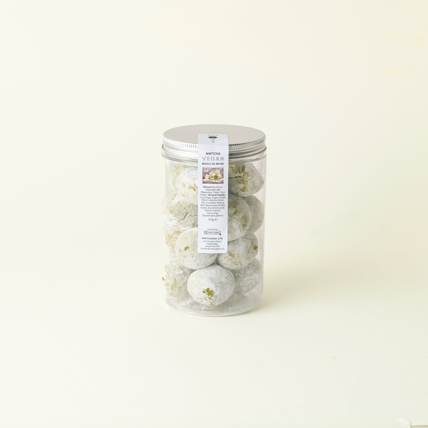 MATCHADO Vegan Boule de Neige Biscuits - Matcha or Strawberry Flavour. Jar of bath bombs with a label on a white background