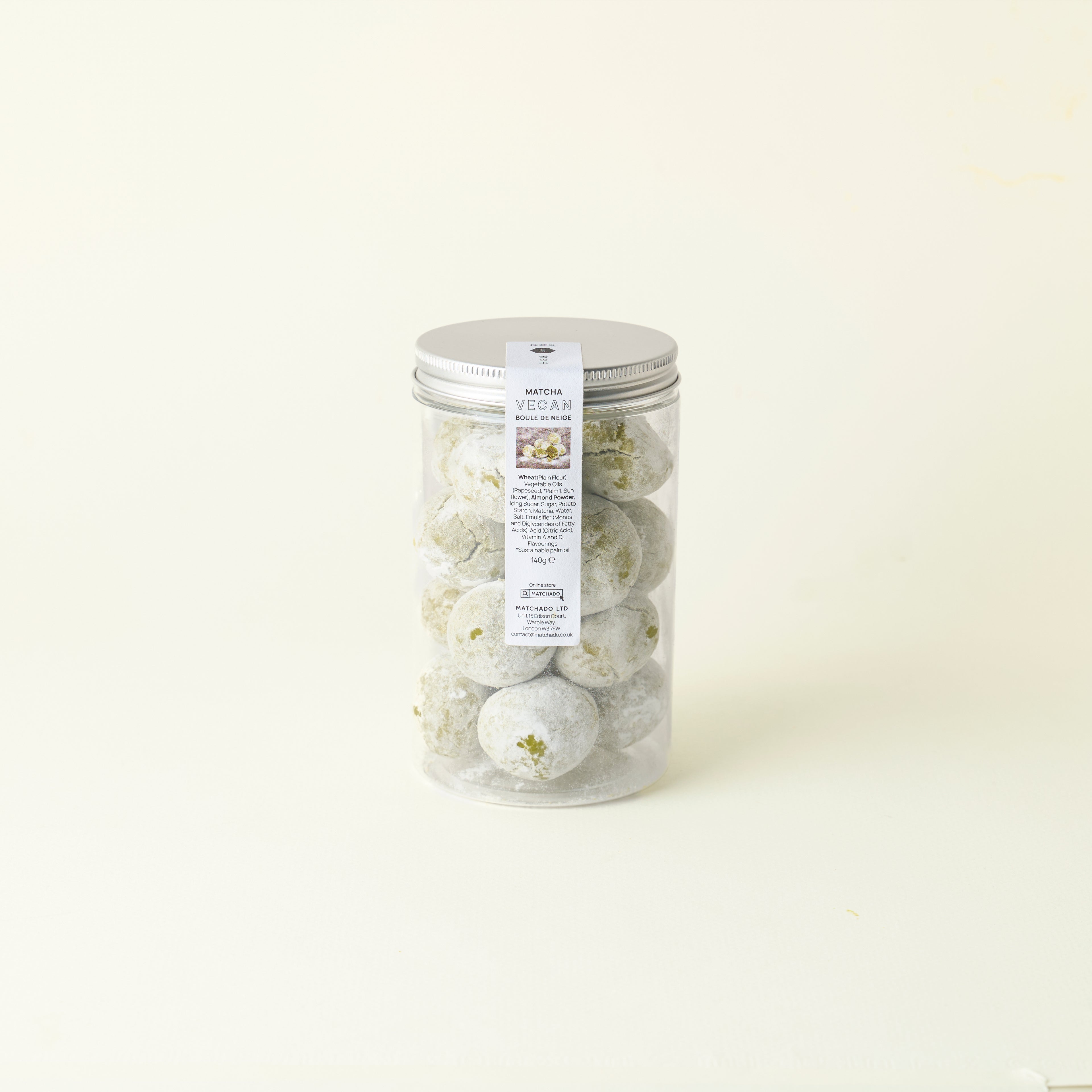 MATCHADO Vegan Boule de Neige Biscuits - Matcha or Strawberry Flavour. Jar of bath bombs with a label on a white background