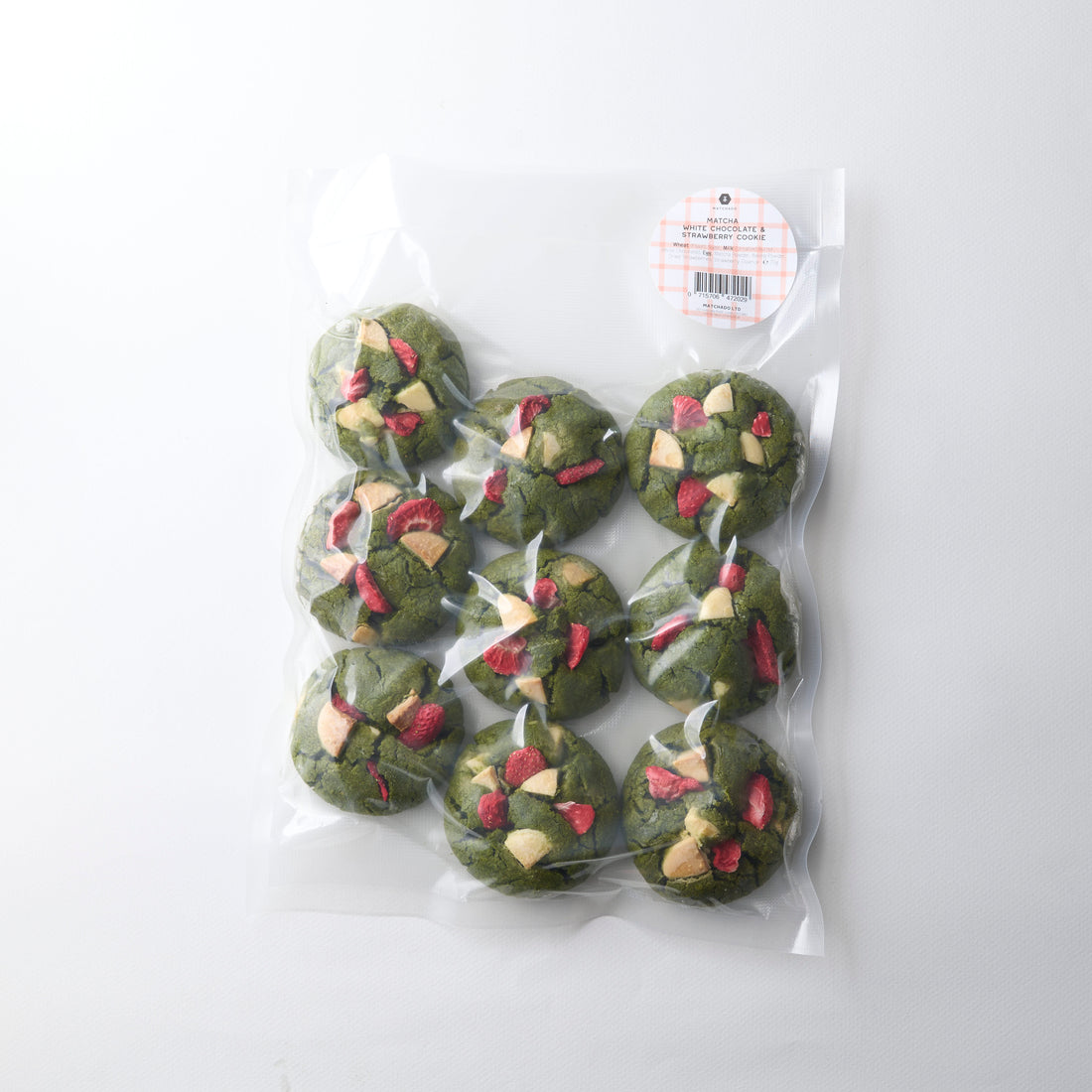 Packaged Matcha x Strawberry &amp; White Chocolate Cookie on a white background