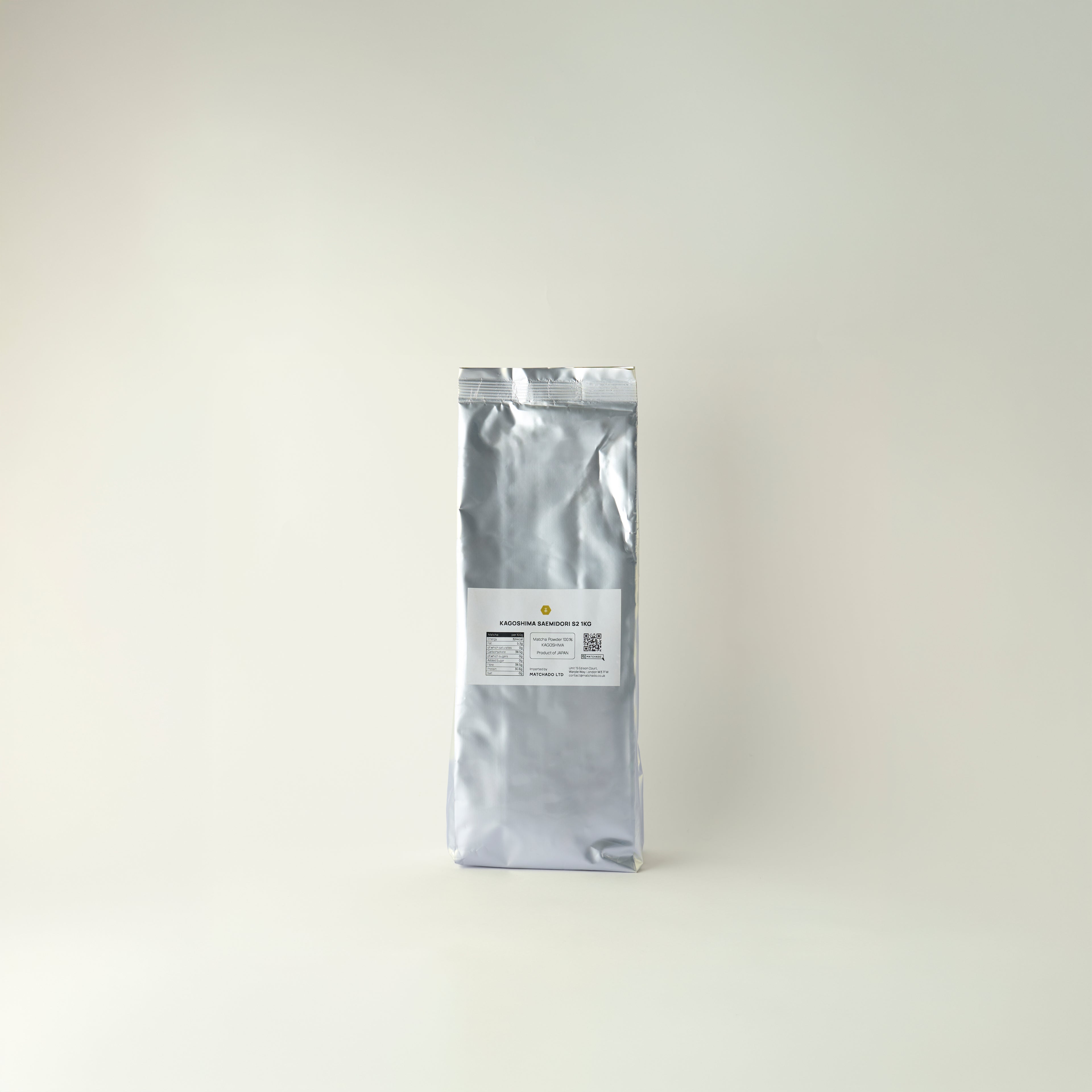 MATCHADO Matcha - Kagoshima Saemidori S2 (Wholesale). Silver metal tea bag with a label on a white background