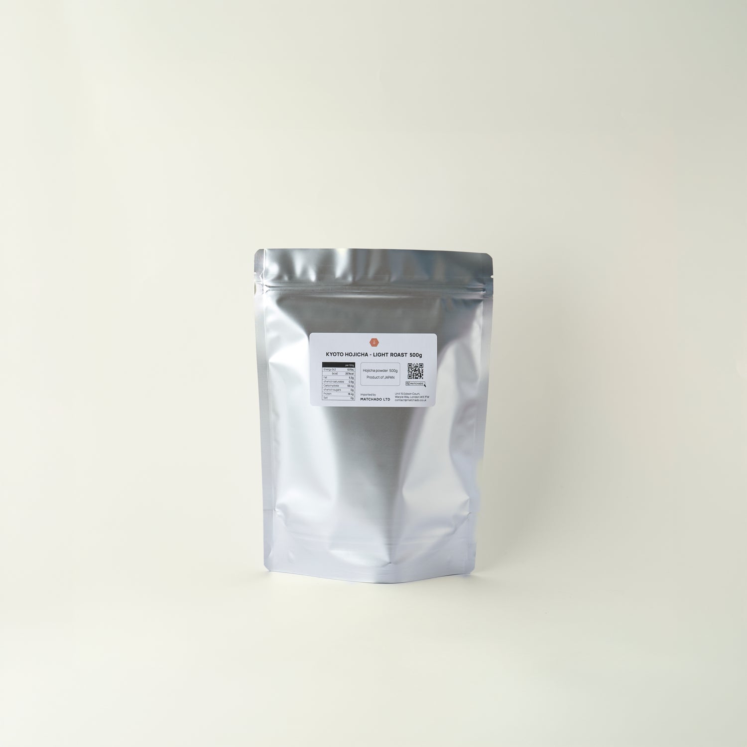 MATCHADO Kyoto Ichibancha Hojicha - First Flush Light Roast (Wholesale). Silver foil packaging on a white background. 500g